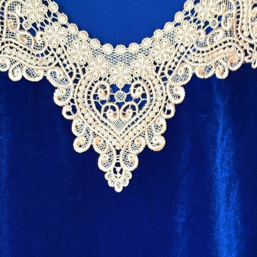 SHEIN Royal Blue Velvet Blouse with Cream Lace - Picture 2 of 6